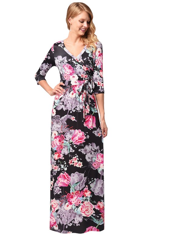 SZ60136-2 Floral Print Long Dress Short Sleeve Empire Flower Maxi Dresses